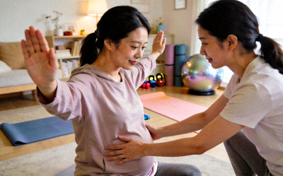 产后妈妈在专业教练指导下进行温和的产后恢复训练