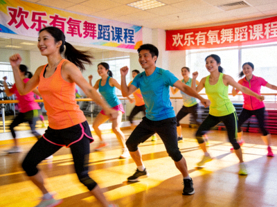 欢乐有氧舞蹈课程，学员跟随音乐节奏快乐舞动