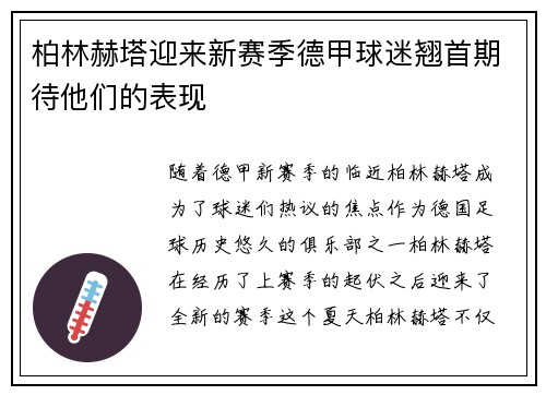 柏林赫塔迎来新赛季德甲球迷翘首期待他们的表现